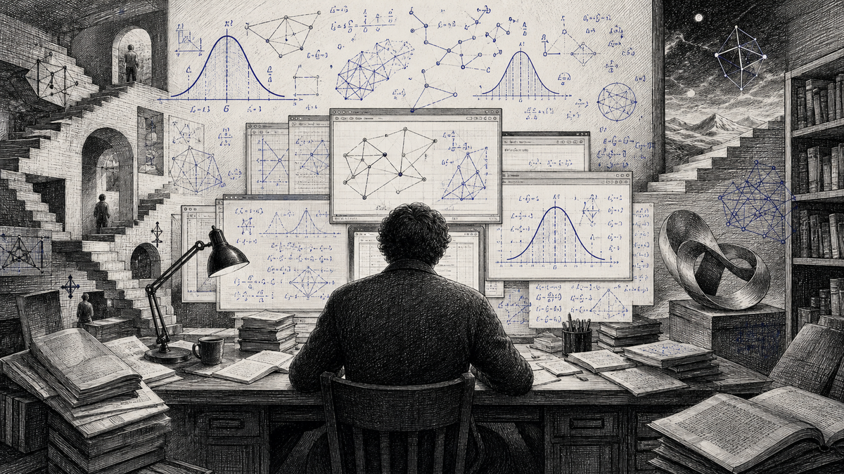 Gauss — research mathematician at desk with bell curves and equations (cross-hatched ink portrait)