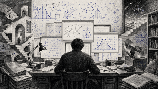 Gauss — research mathematician at desk with bell curves and equations (cross-hatched ink portrait)